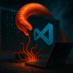 Огромный красный червь вылезает из компьютера с логотипом Visual Studio.