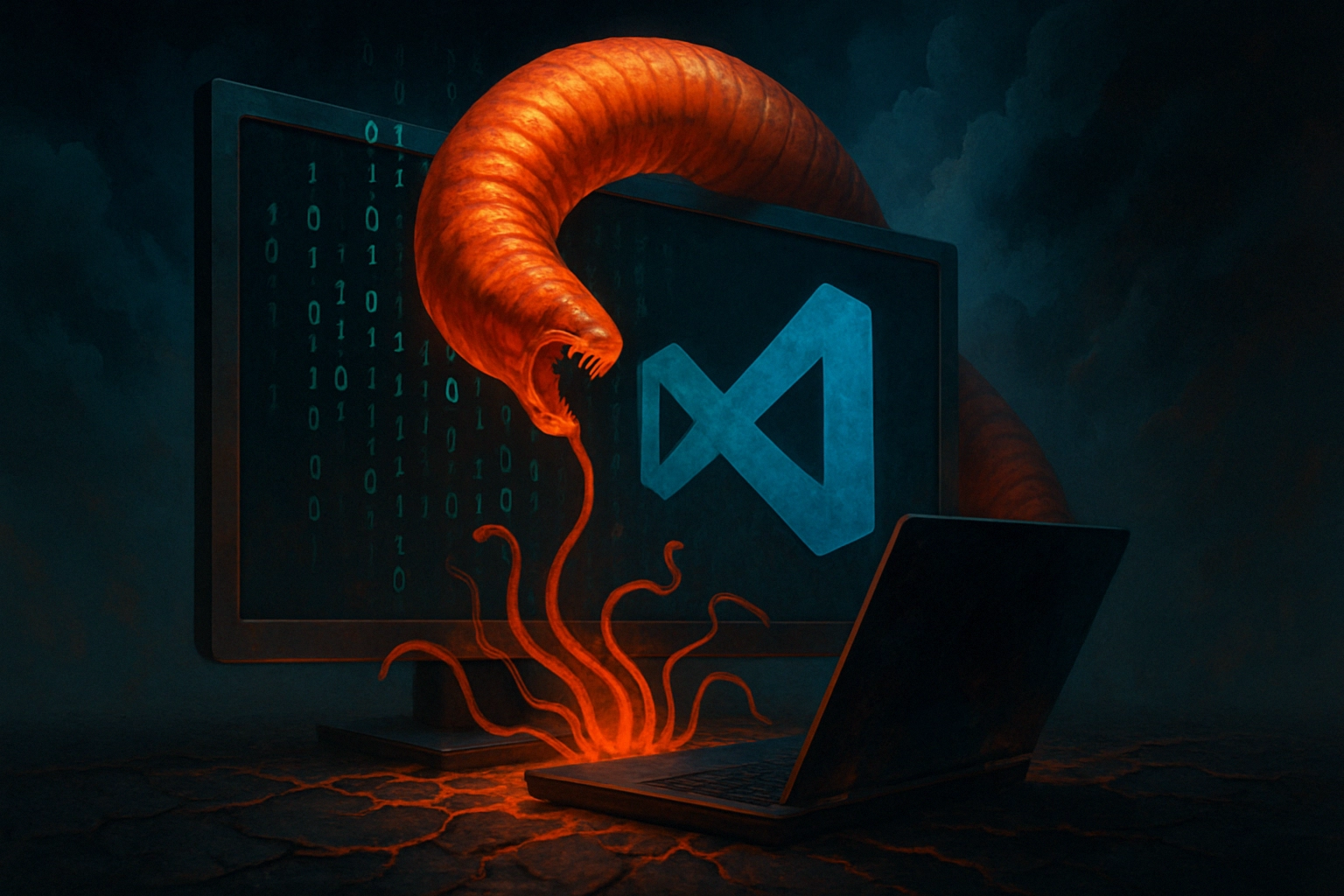 A glowing red serpent rises from a computer displaying code and a logo.