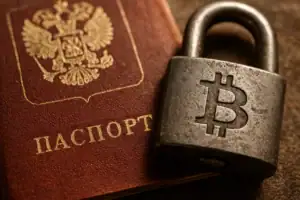 Passport with a Bitcoin padlock, symbolizing security and digital currency.