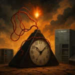 Часы с проводами, внешне напоминающими устройство, на фоне мрачного пейзажа.