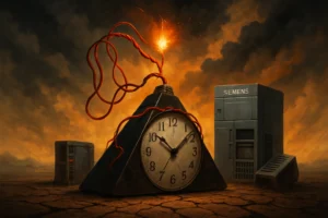 Uhr mit Draht und explosiver Ladung in einer dramatischen Landschaft.