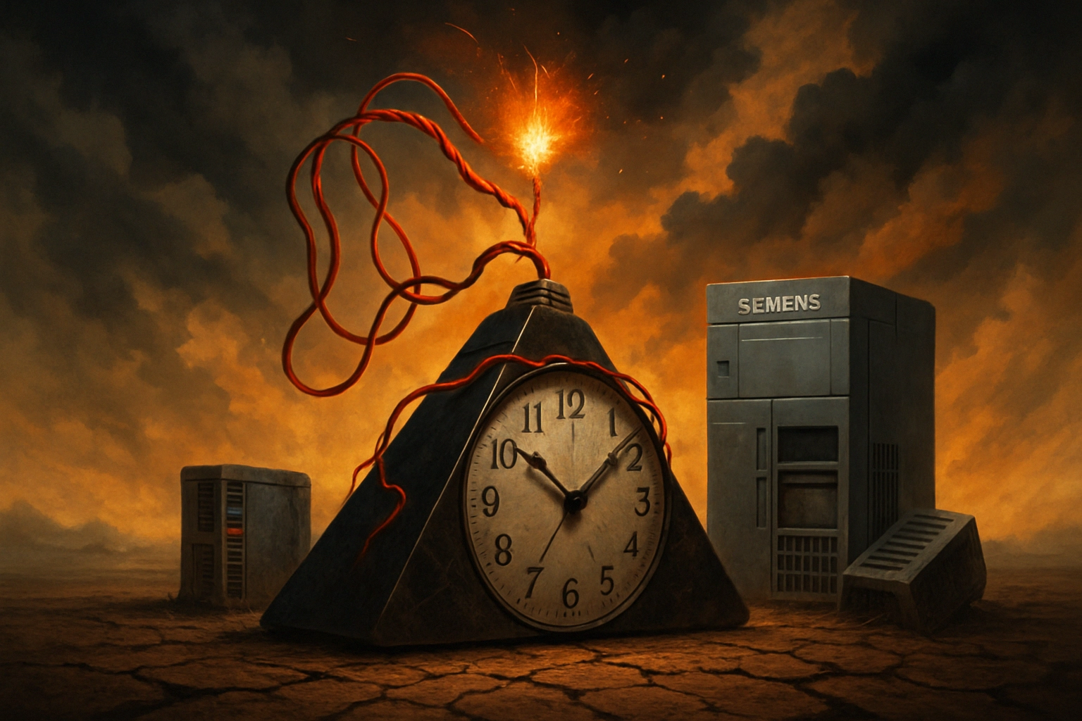 Reloj con cordones rojos y chispa, en un paisaje desolado y oscuro.