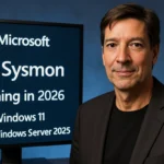 Mann steht vor einem Bildschirm mit Microsoft Sysmon-Ankündigung für 2026.