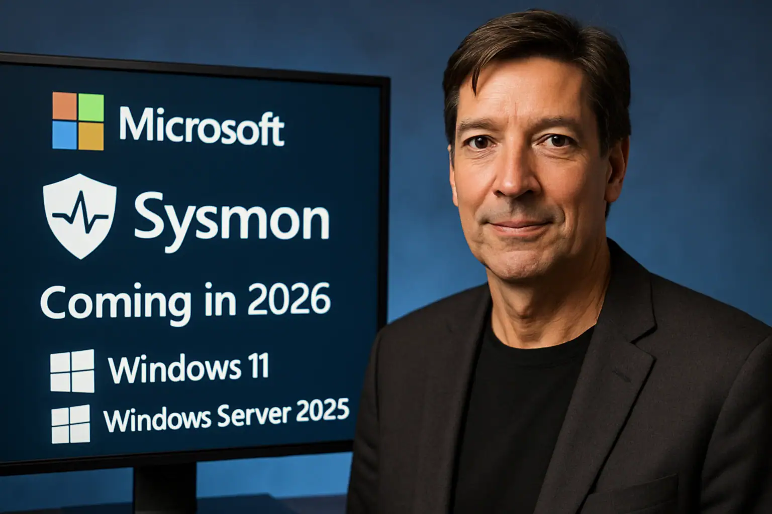 Mann steht vor einem Bildschirm mit Microsoft Sysmon-Ankündigung für 2026.