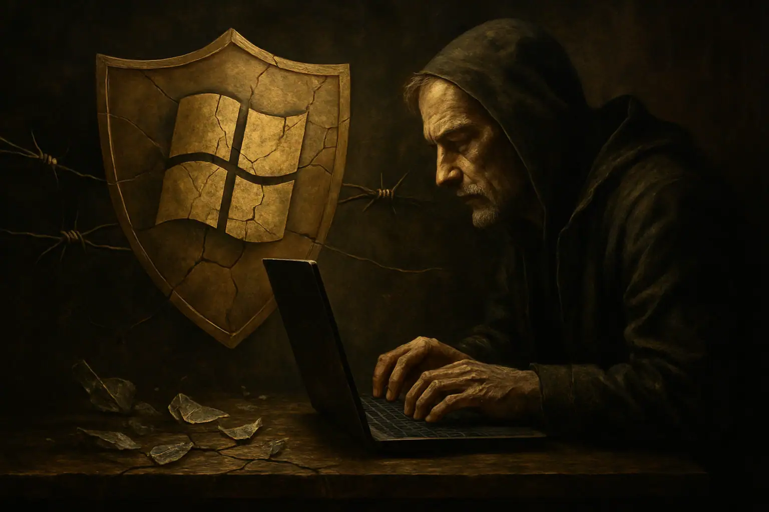 Hombre encapuchado tecleando en una laptop frente a un escudo desgastado.