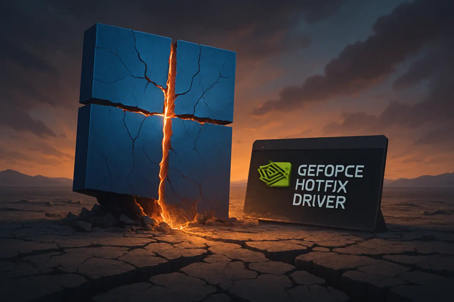 Разбитый логотип Windows с надписью "GeForce Hotfix Driver" на фоне пустынного пейзажа.