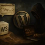 Person in Kapuze arbeitet am Laptop, umgeben von technischen Symbolen.