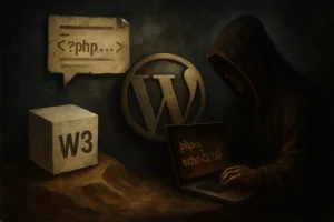 Хакер в капюшоне работает на ноутбуке с символами программирования.