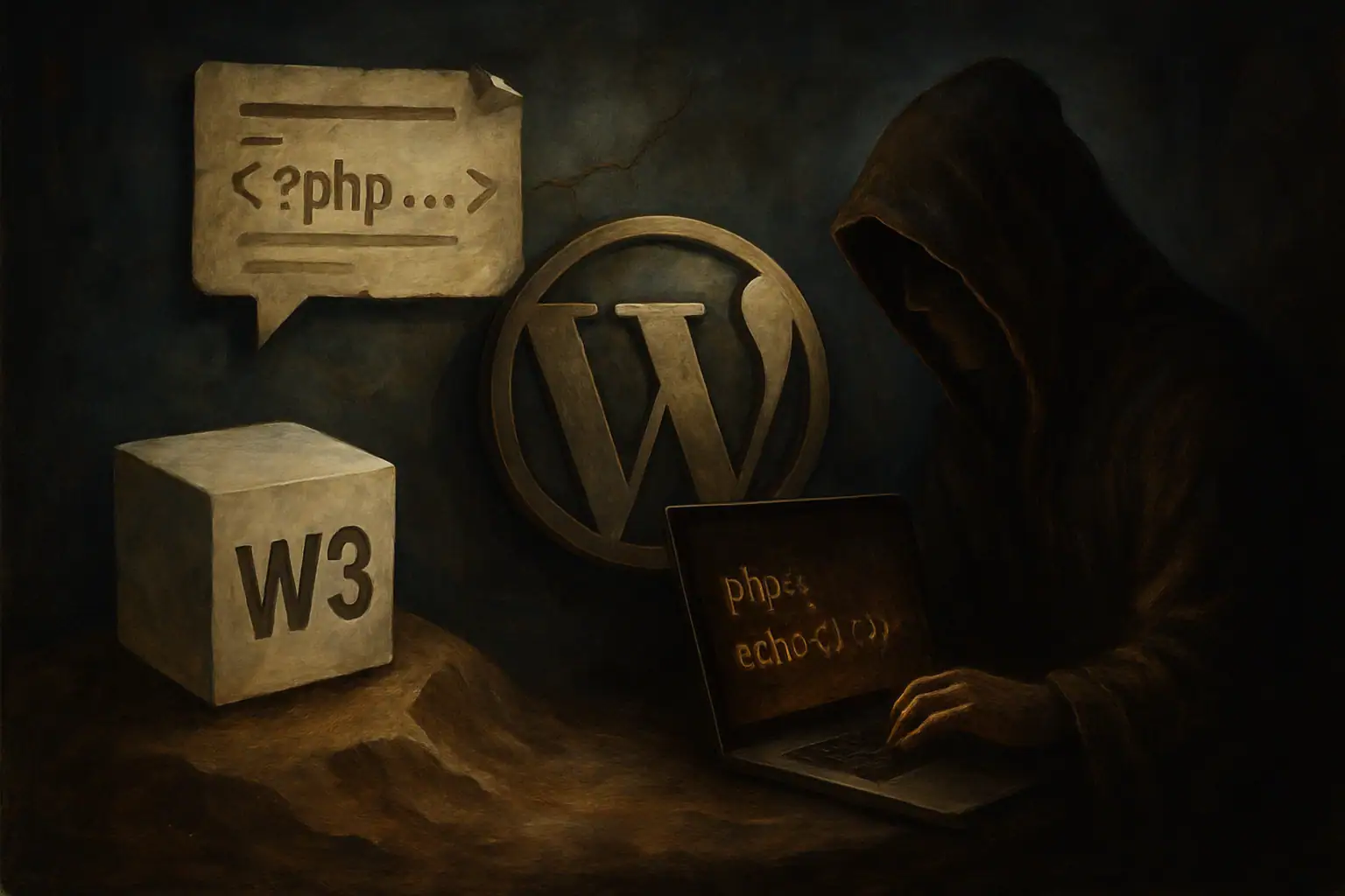 Silueta de un programador con laptop rodeado de símbolos de código y tecnología.