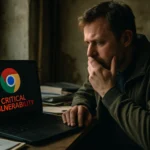 Man worriedly reading about critical vulnerability on a laptop.