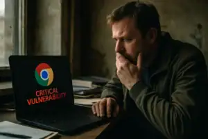 Man worriedly reading about critical vulnerability on a laptop.