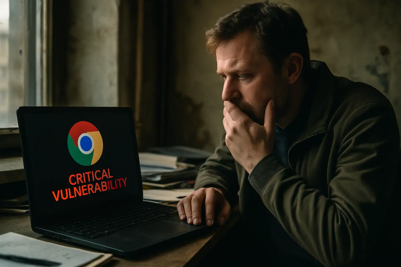 Mann mit besorgtem Gesichtsausdruck betrachtet Laptop mit Sicherheitswarnung.