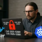 Стрессированный программист работает с уязвимостями на ноутбуке.