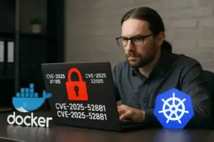 Man focused on laptop displaying security vulnerabilities in Docker and Kubernetes.