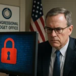 Man in a suit focused on a computer screen displaying a padlock symbol.