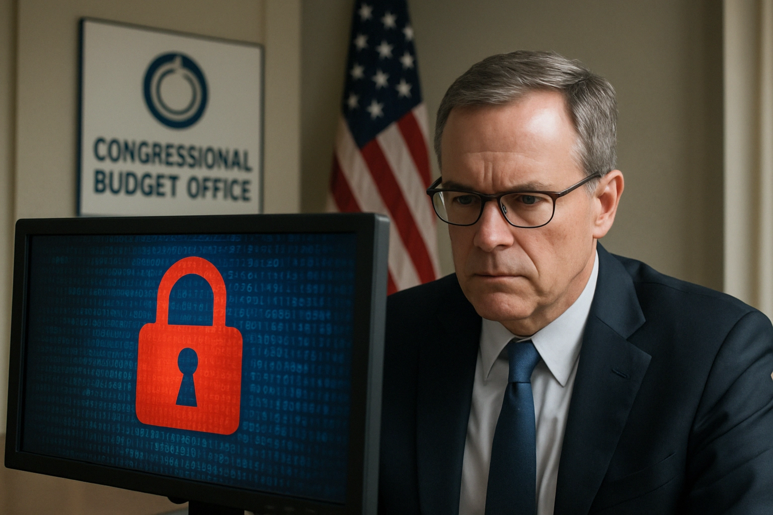 Человек в строгом костюме смотрит на экран с символом замка.