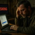 Mann sitzt vor einem Laptop, besorgt durch eine Phishing-Warnung.
