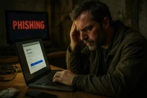 Man frustrated at laptop; phishing warning visible on screen behind him.