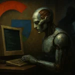 Человекоподобный робот за компьютером с логотипом Google на фоне.