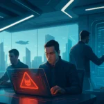 Четыре мужчины в офисе работают над компьютерами с экранами и графиками.