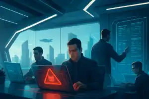 Vier Männer arbeiten konzentriert an Laptops in einer futuristischen Büroumgebung.