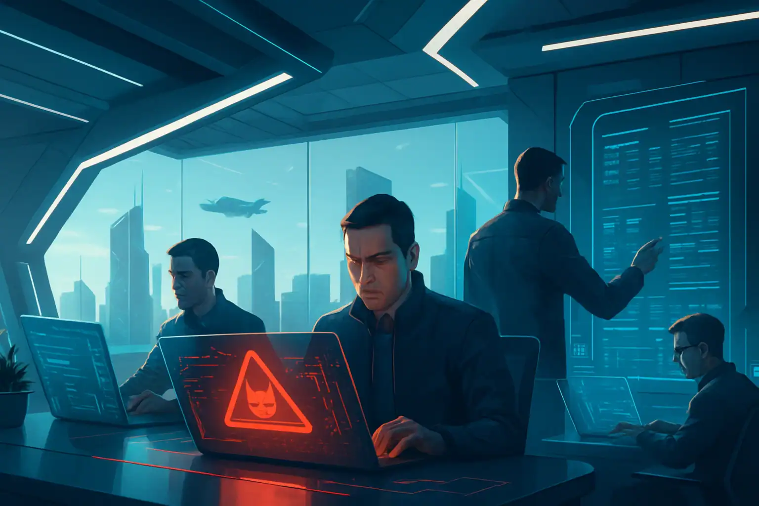 Cuatro profesionales trabajando en una oficina moderna con pantallas de computadora.