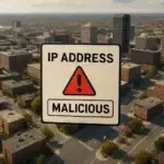 Warning sign about a malicious IP address over a cityscape backdrop.