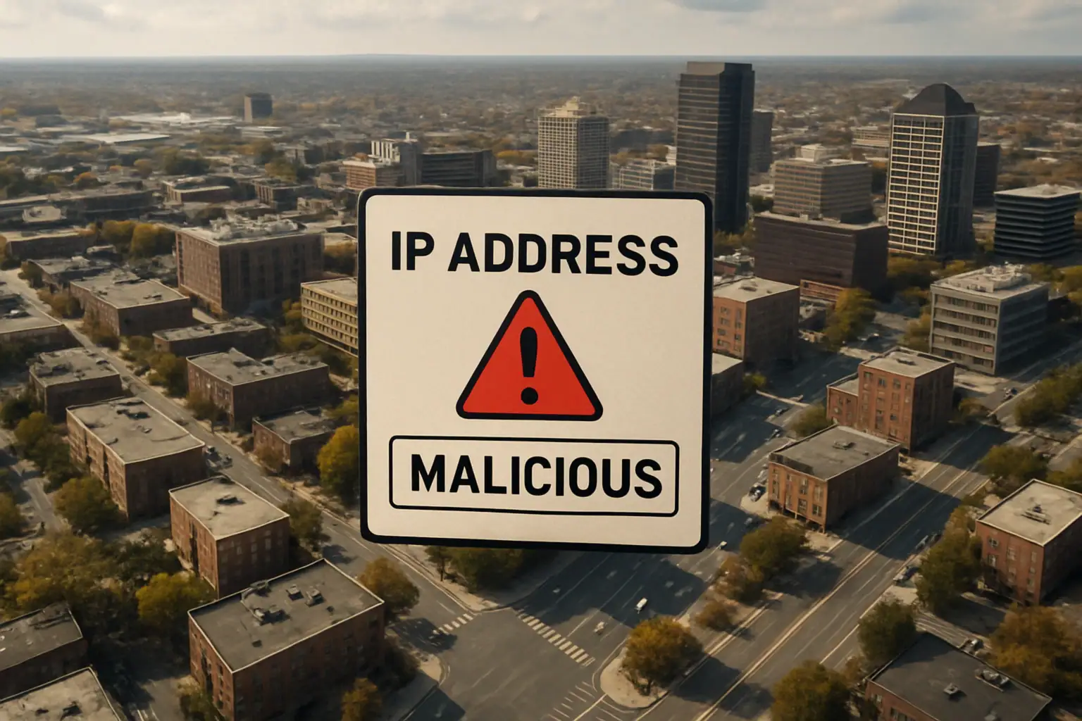Знак предупреждения о вредоносном IP-адресе на фоне города.