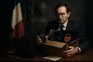 Geschäftsmann betrachtet nachdenklich ein Handy und eine Kiste mit Zubehör.