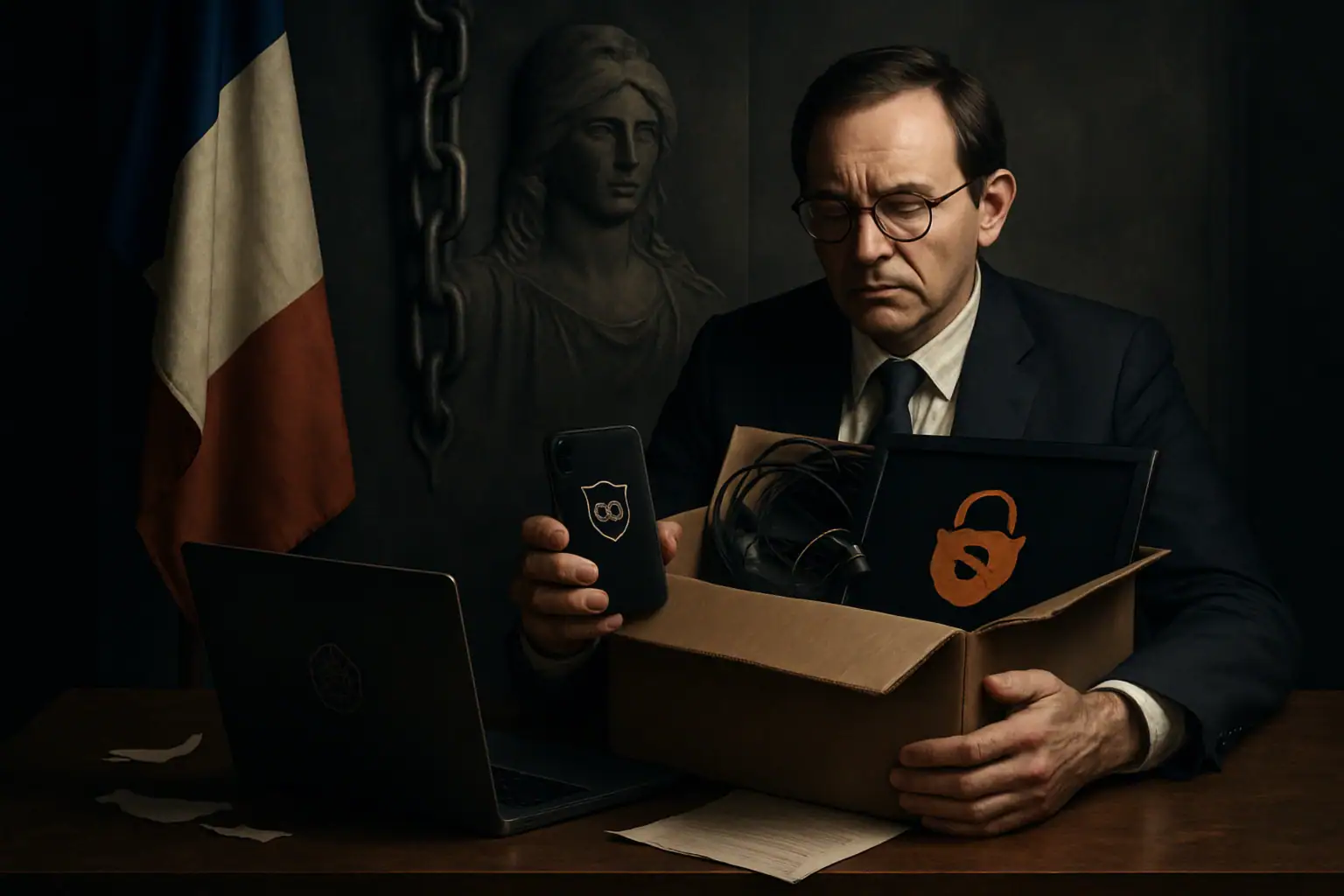 Hombre en traje revisa una caja con dispositivos y una computadora portátil.