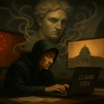 A hooded figure typing on a laptop under a ghostly statue and city backdrop.