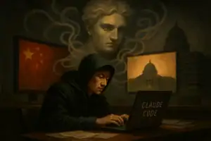 Ein schwarzhütiger Programmierer sitzt vor einem Laptop, umgeben von Bildschirmen.