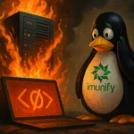 Пінгвін здивовано дивиться на комп'ютер в полум'ї та сервер.