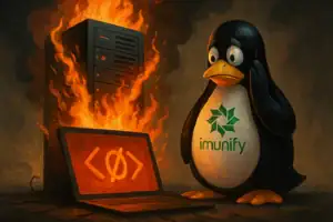 Пінгвін здивовано дивиться на комп'ютер в полум'ї та сервер.