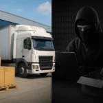 Грузовик у склада с коробками и фигура в капюшоне с ноутбуком.