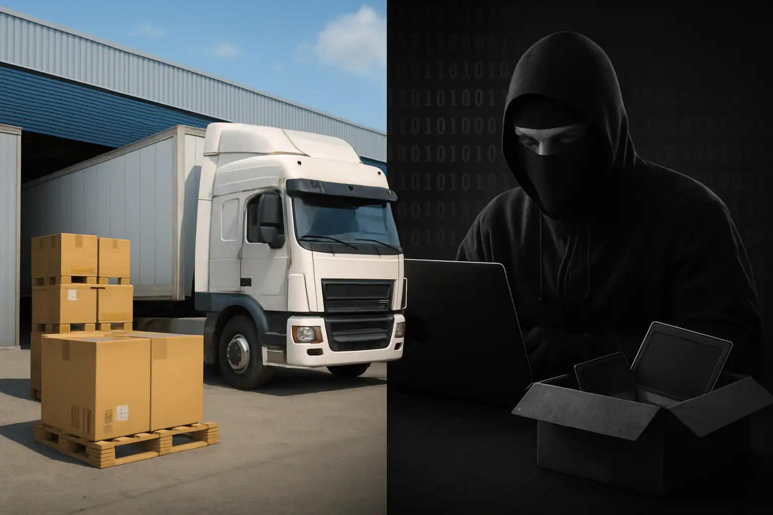 Delivery truck at a warehouse alongside a hooded figure with a laptop in shadows.