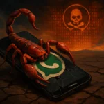 Scorpion perched on a smartphone with a cracked WhatsApp logo, ominous background.