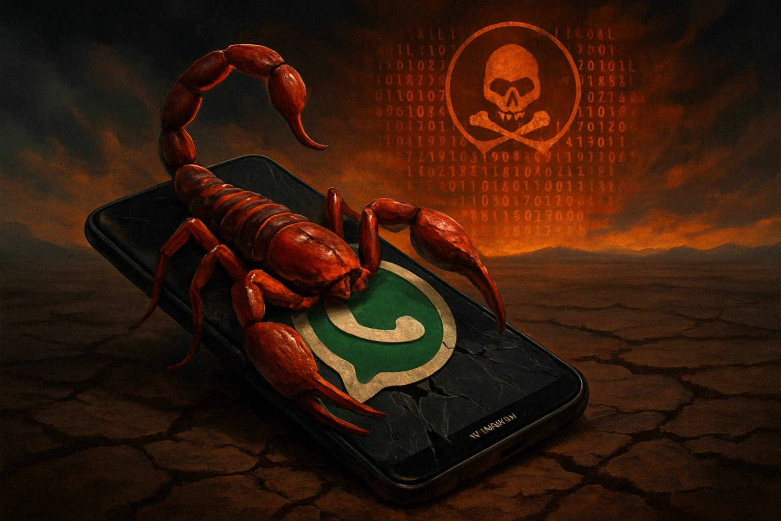 Scorpion perched on a smartphone with a cracked WhatsApp logo, ominous background.