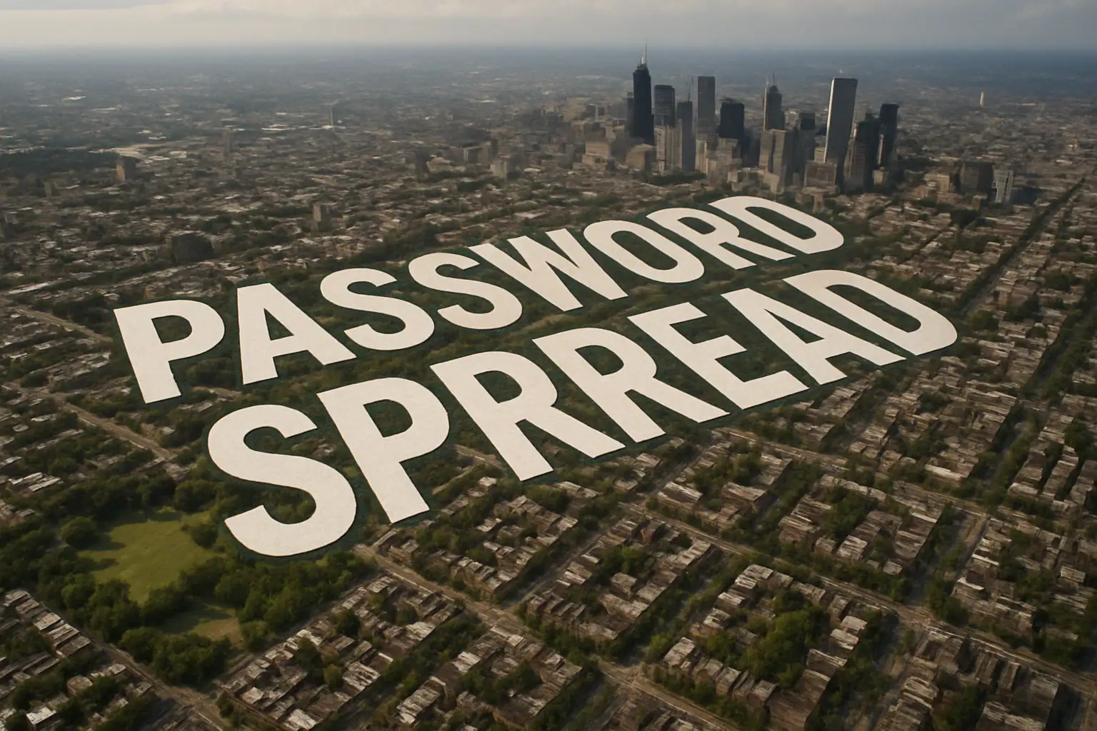 Texto "PASSWORD SPREAD" en letras grandes sobre una ciudad vista desde arriba.
