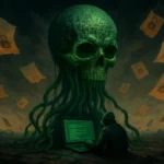 Зеленая черепообразная сущность с щупальцами и хакером у компьютера.