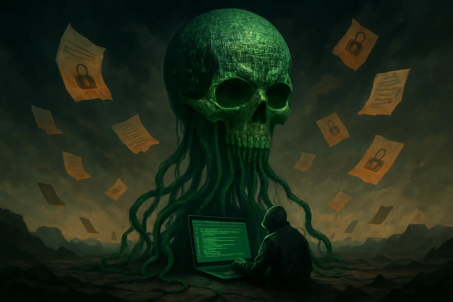 Cráneo verde con tentáculos y un hacker frente a una laptop en ambiente oscuro.