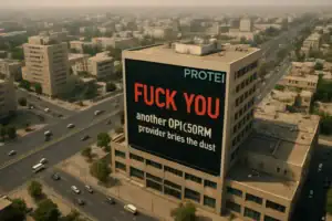 Großes Werbeschild auf einem Hochhaus mit provokantem Text.