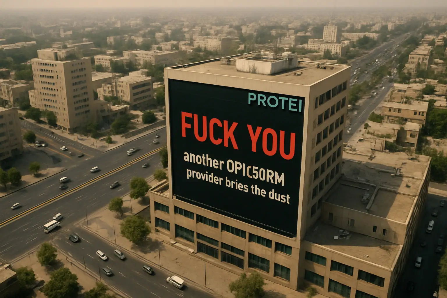 Großes Werbeschild auf einem Hochhaus mit provokantem Text.