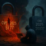 Hacker in a dark landscape, facing two large padlocks labeled with CVE numbers.