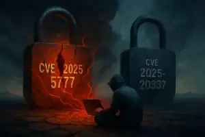 Хакер с ноутбуком сидит перед замками с уязвимостями CVE 2025-5777 и CVE 2025-20337.