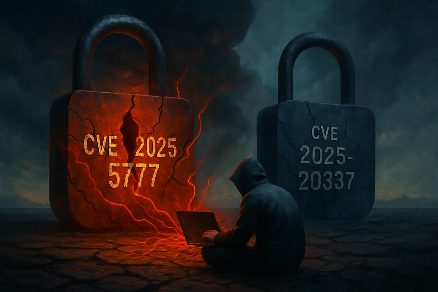 Хакер с ноутбуком сидит перед замками с уязвимостями CVE 2025-5777 и CVE 2025-20337.