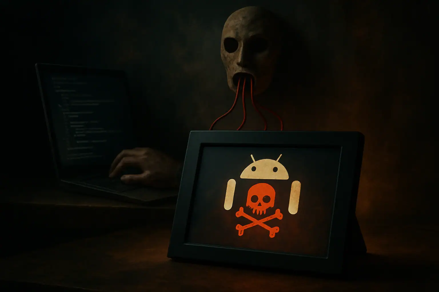 Человеческая голова с проводами и экран с логотипом Android и черепом.