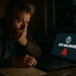 Мужчина выражает беспокойство при просмотре предупреждения о вредоносном ПО на ноутбуке.