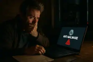 Мужчина выражает беспокойство при просмотре предупреждения о вредоносном ПО на ноутбуке.