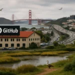 San Francisco-Motiv mit Golden Gate Bridge, GitHub-Werbung und Natur.